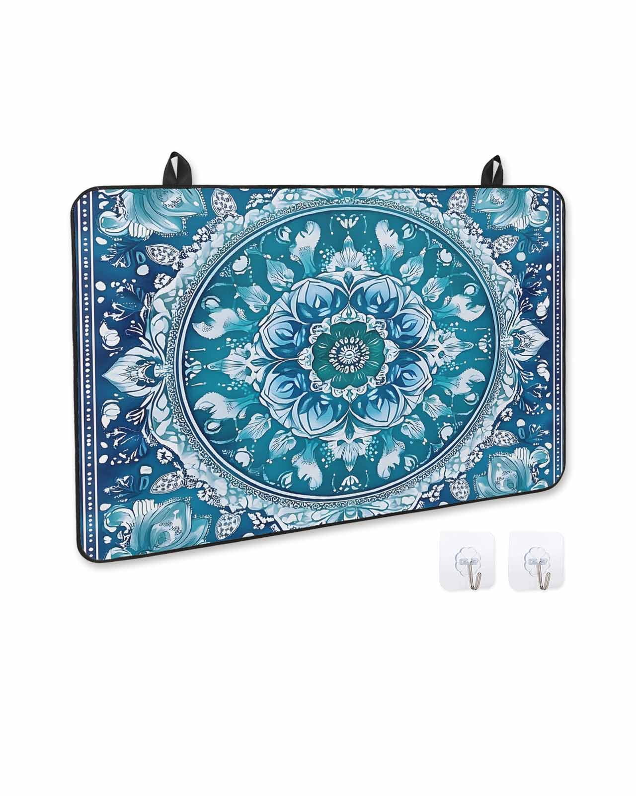 nqOlkjepod Large Induction Cooktop Protector Mat 36"x21", Boho Teal Blue Stove Top Covers for Electric Stove, Abstract Flowers Ethnic Southwestern Stove Burner Cover Mats, Glass Top Stove Cover