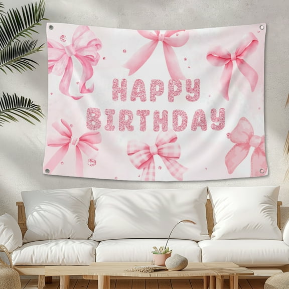 Bow Happy Birthday Backdrop - 100x150cm Blush Pink Photo Wall for Girly Parties & Celebrations
