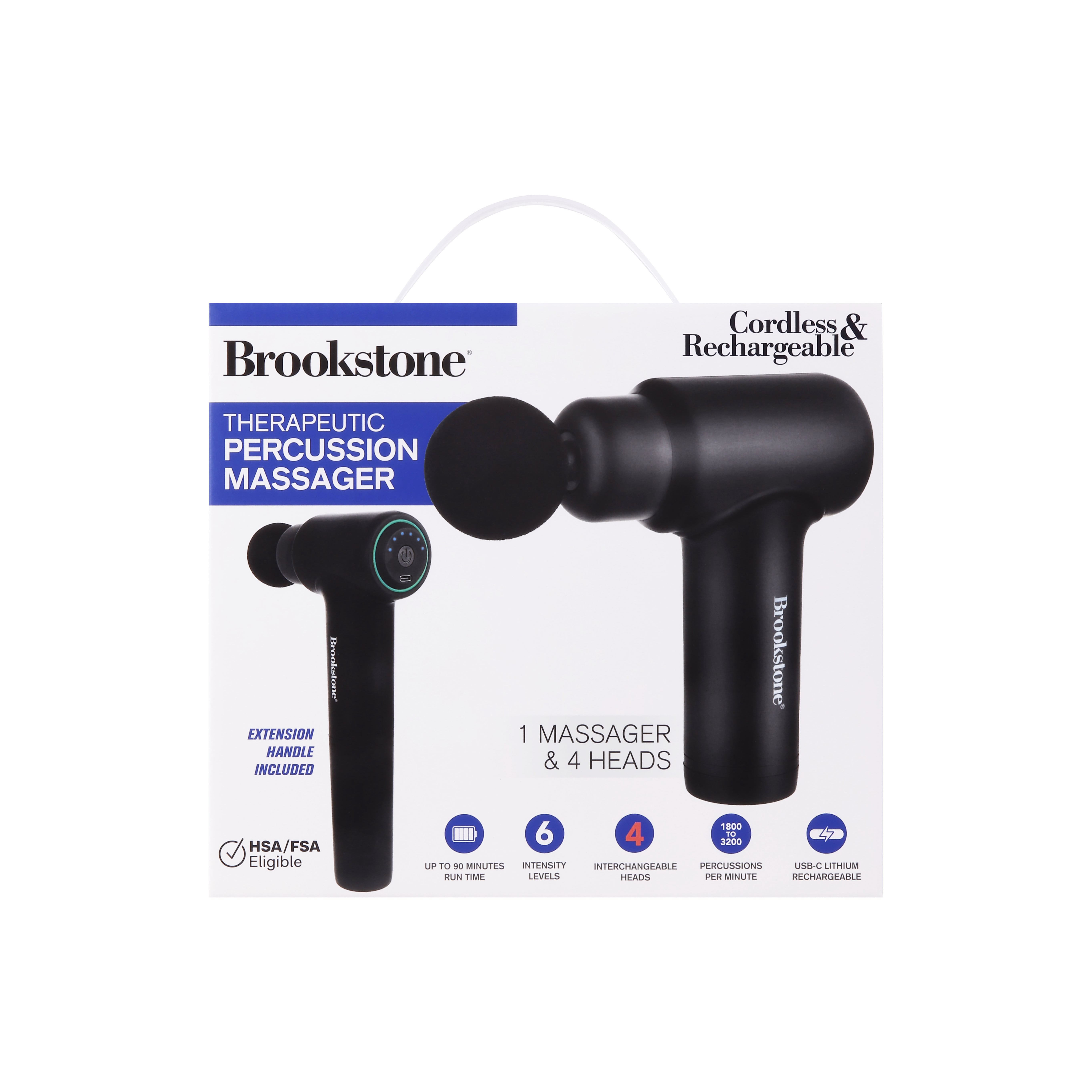 Brookstone Deep Tissue Massage Gun for Pain Relief & Muscle Recovery – 9-Speed Handheld Percussion Massager, 4 Heads, Type-C Rechargeable, Quiet, 3200 RPM, Shockproof Design