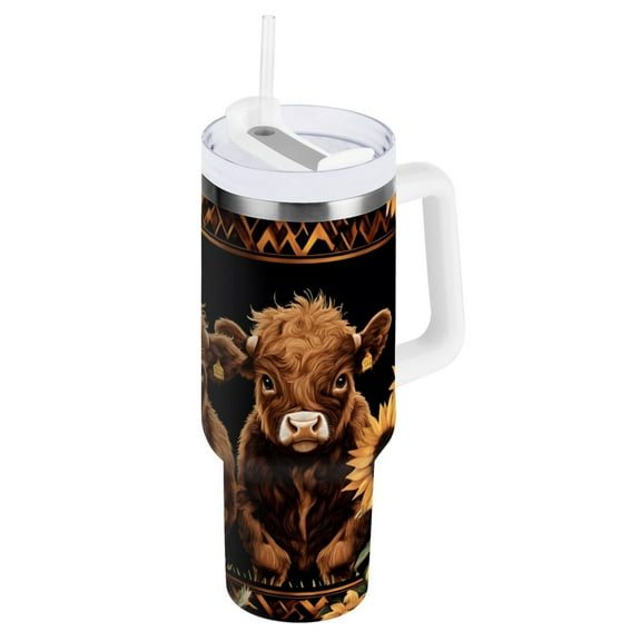 Ryvnso 40 oz Tumbler with Handle and Straw Insulated Stainless Steel Travel Mug with Lid Highland Cow Sunflower