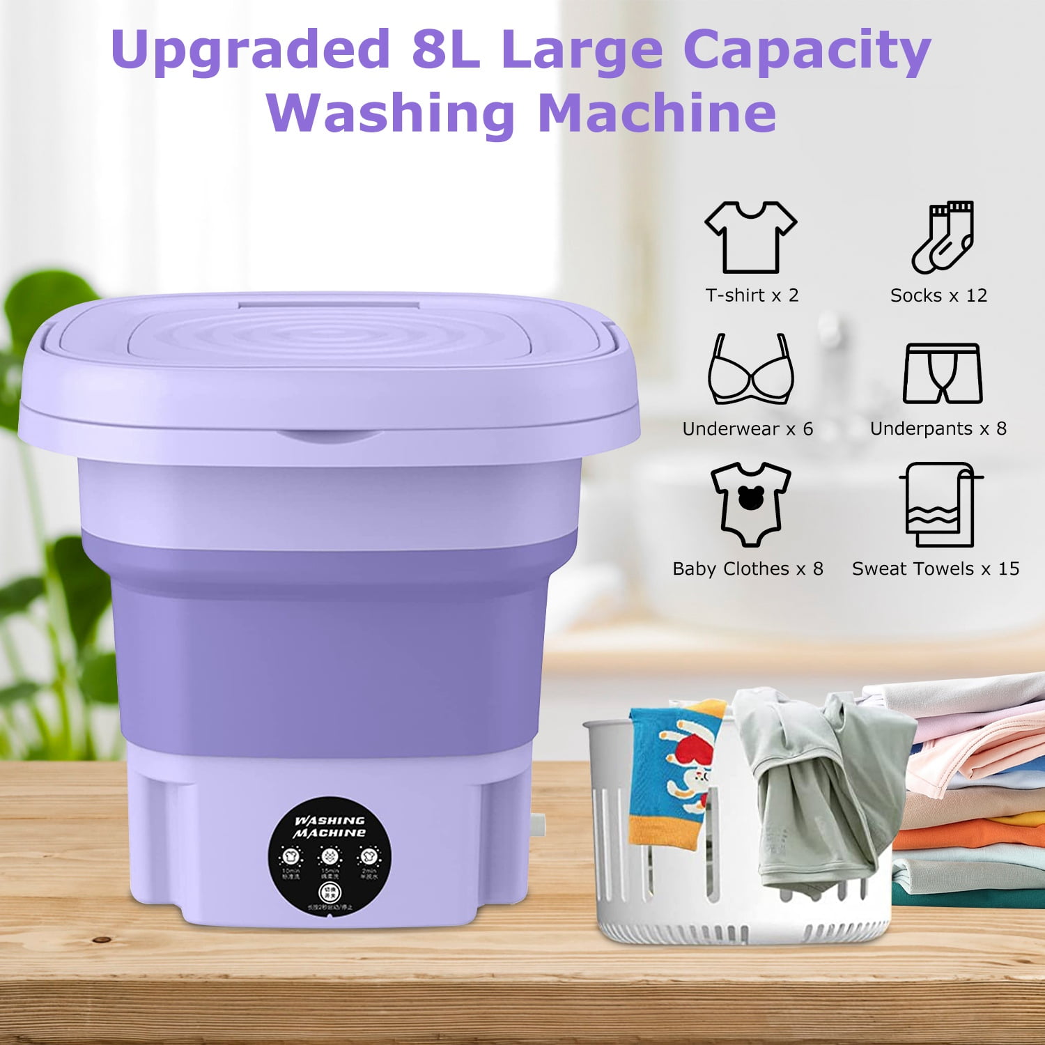 Portable Small Washing Machine, Teqhome 8L Capacity Foldable Mini Laundry Machine with Detachable Drain Basket 3 Modes, for Baby Clothes, Underwear or Small Clothes, Dorm, Camping, RV Travel Green
