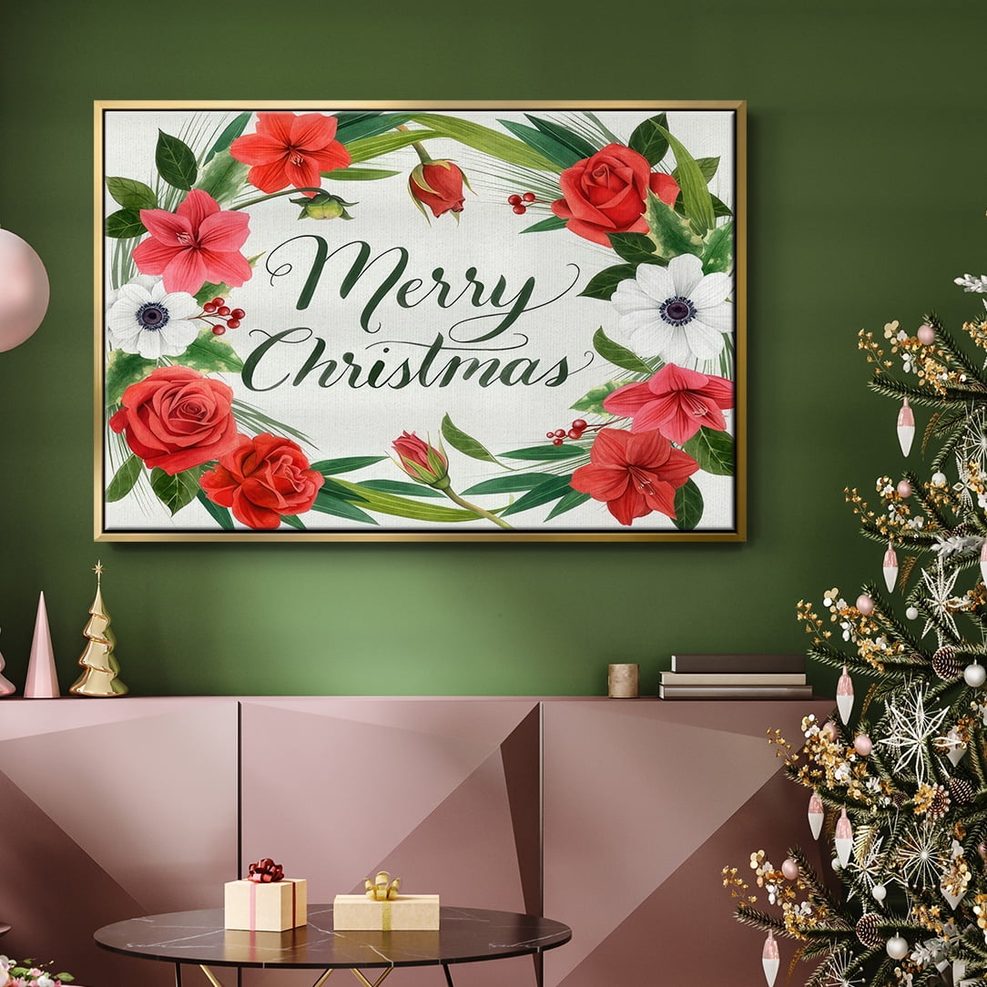 Christmas Flora Wreath Collection A - Framed Gallery Wrapped Holiday Canvas - 17 x 25 - Gold Frame