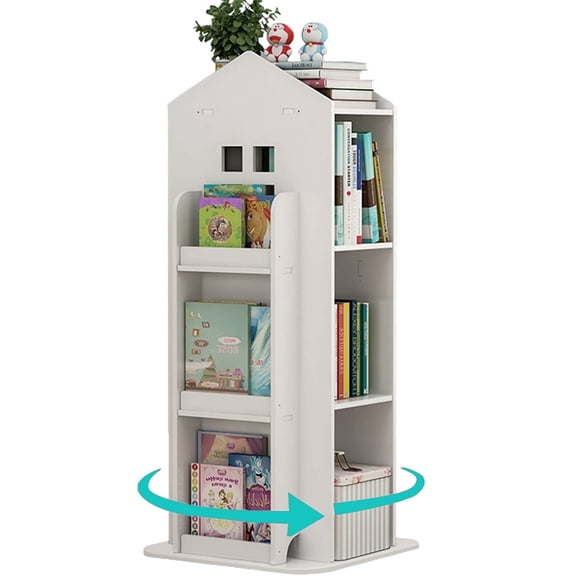 IAJXWI 3 Tier Rotating Bookshelf, 360° Floor-Standing Revolving Bookcase, House Shape Multi-Functional Reading Corner for Bedroom Study Living Room