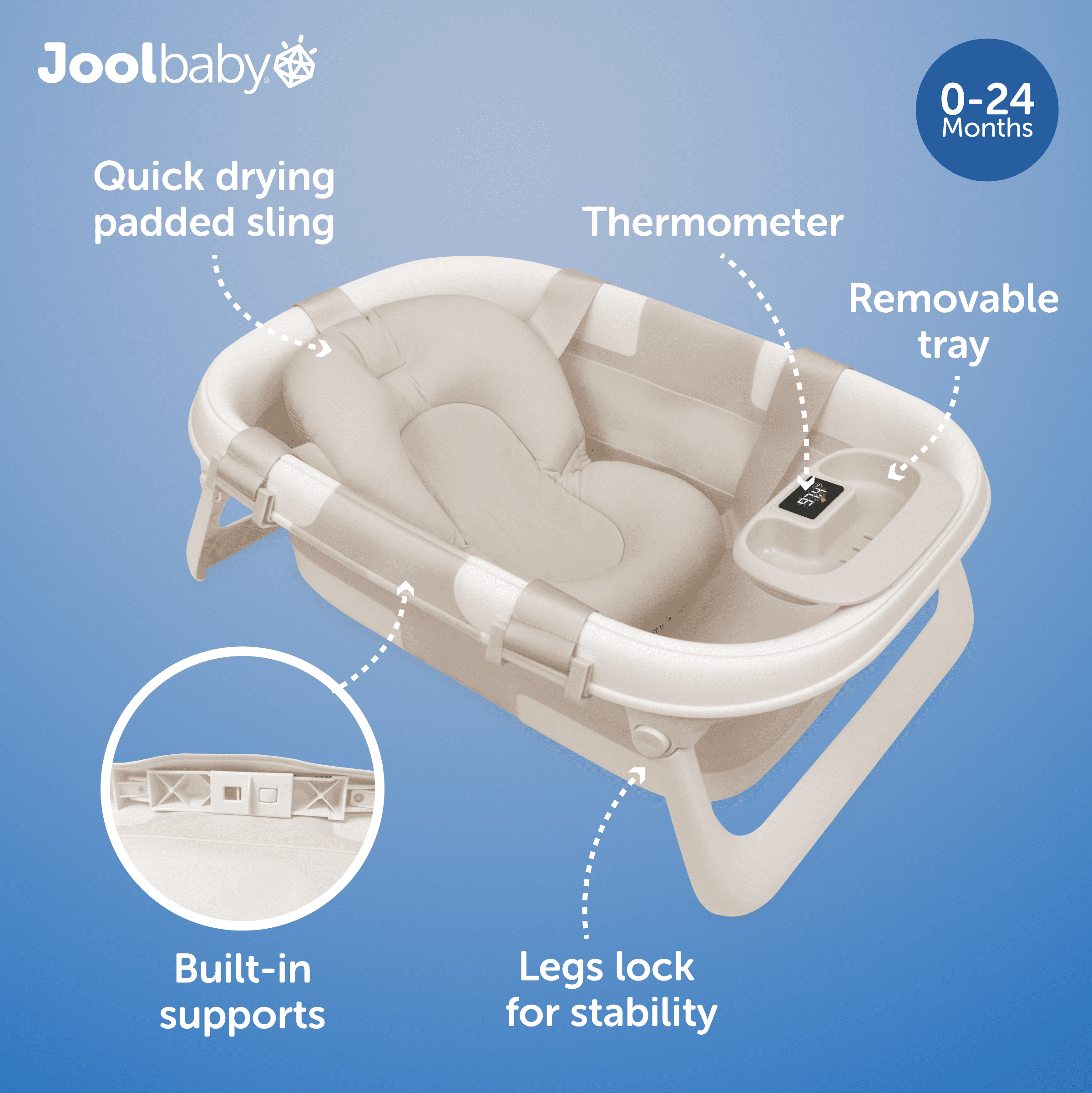 Jool Baby Fold ‘n Store Baby Bathtub – 3 Stage Collapsible Bather for Easy Storage, Portable for Travel – Built-in Thermometer (Oatmeal)