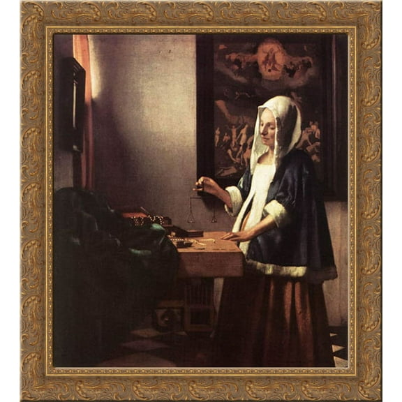 Woman Holding a Balance 20x22 Gold Ornate Wood Framed Canvas Art by Vermeer, Johannes