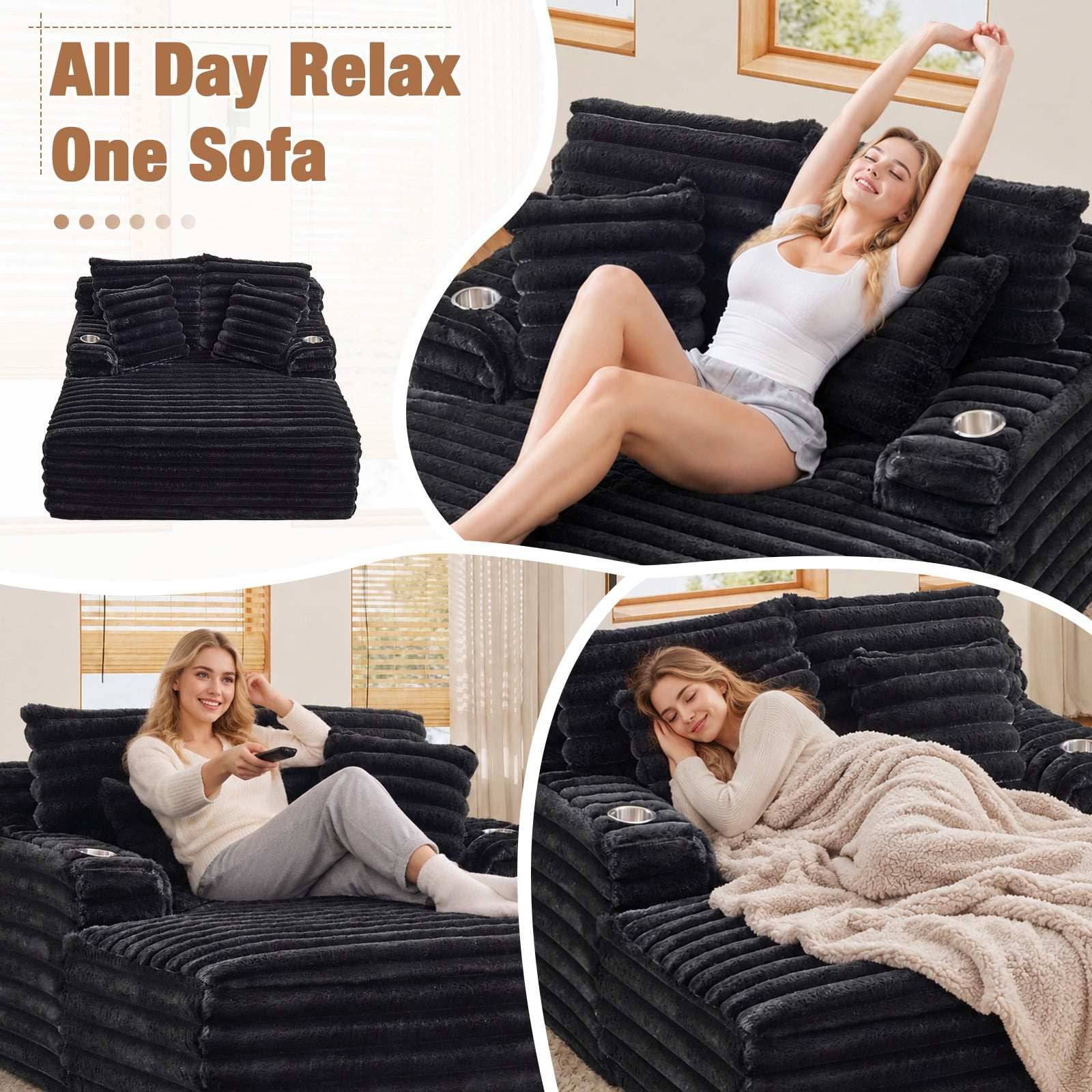 Lunale Oversized Chaise Lounge Chair Indoor Furniture, Boneless Cloud Couch with Cup Holders, Faux Fur Accent Chair for Living Room, Black