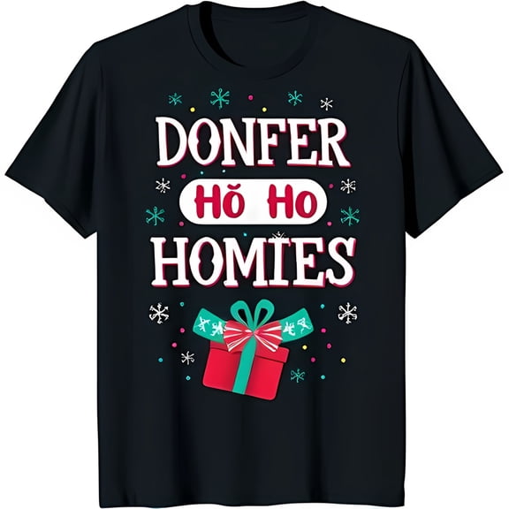 Funny Black Christmas T-Shirt Donfer Ho Ho Homies Design with Snowflakes & Box