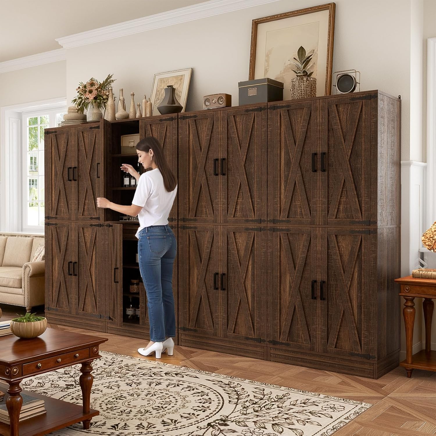 Homieasy 71'' Tall Farmhouse Pantry Cabinet 2 Piece Set, 6-Tier Pantry with Doors, Drawers & Adjustable Shelves, Retro Brown