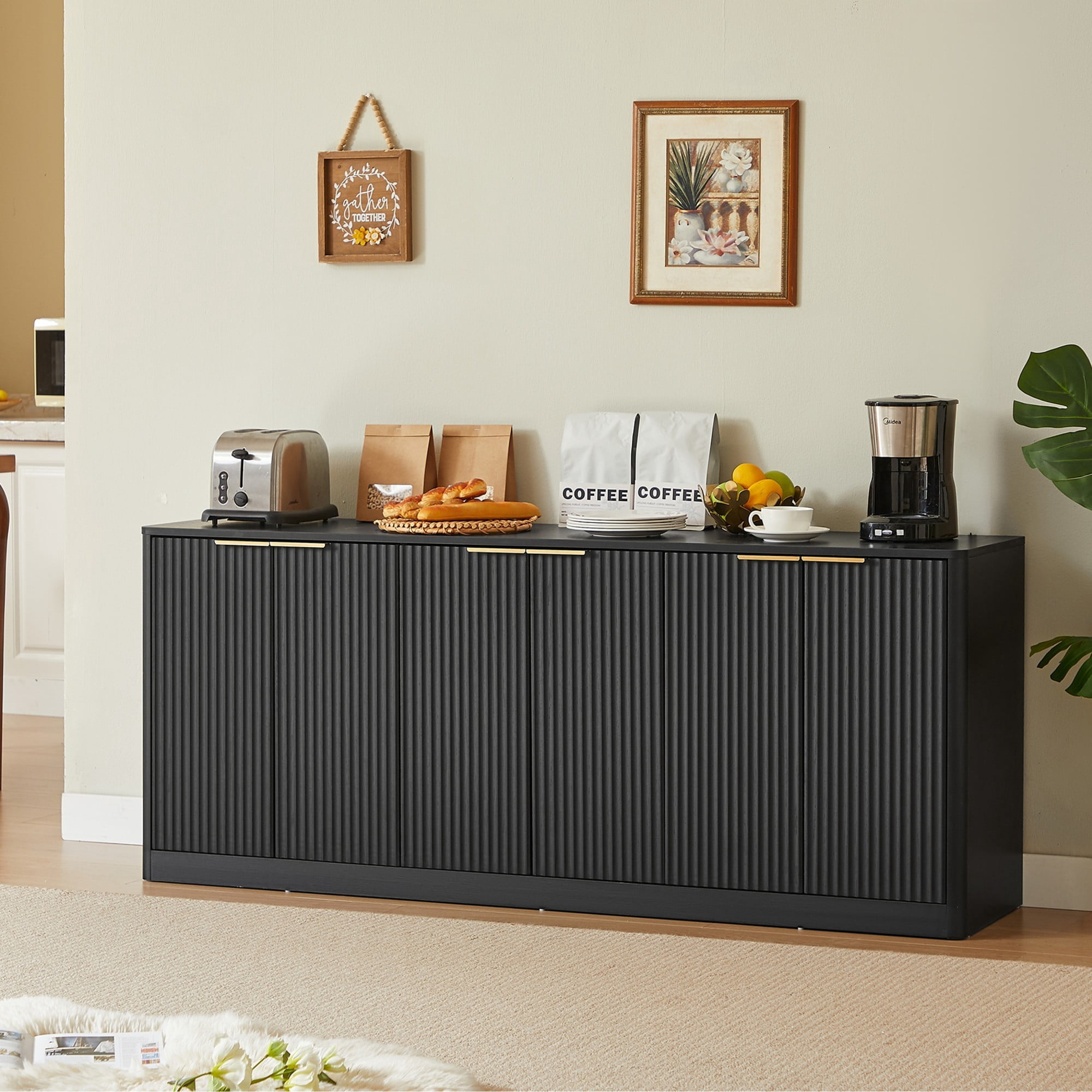 67" Modern Wavy Sideboard Cabinet, 6-Door Curved Storage Cabinet, Large TV Stand Buffet Console for Living Room Kitchen, Black
