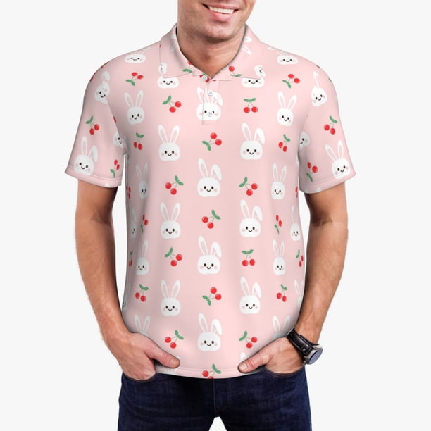 Fotbe Rabbit And Cherry Camiseta Polo de Golf para Hombre con Estampado – Camisa Deportiva Transpirable con Cuello Abotonado-X-Large