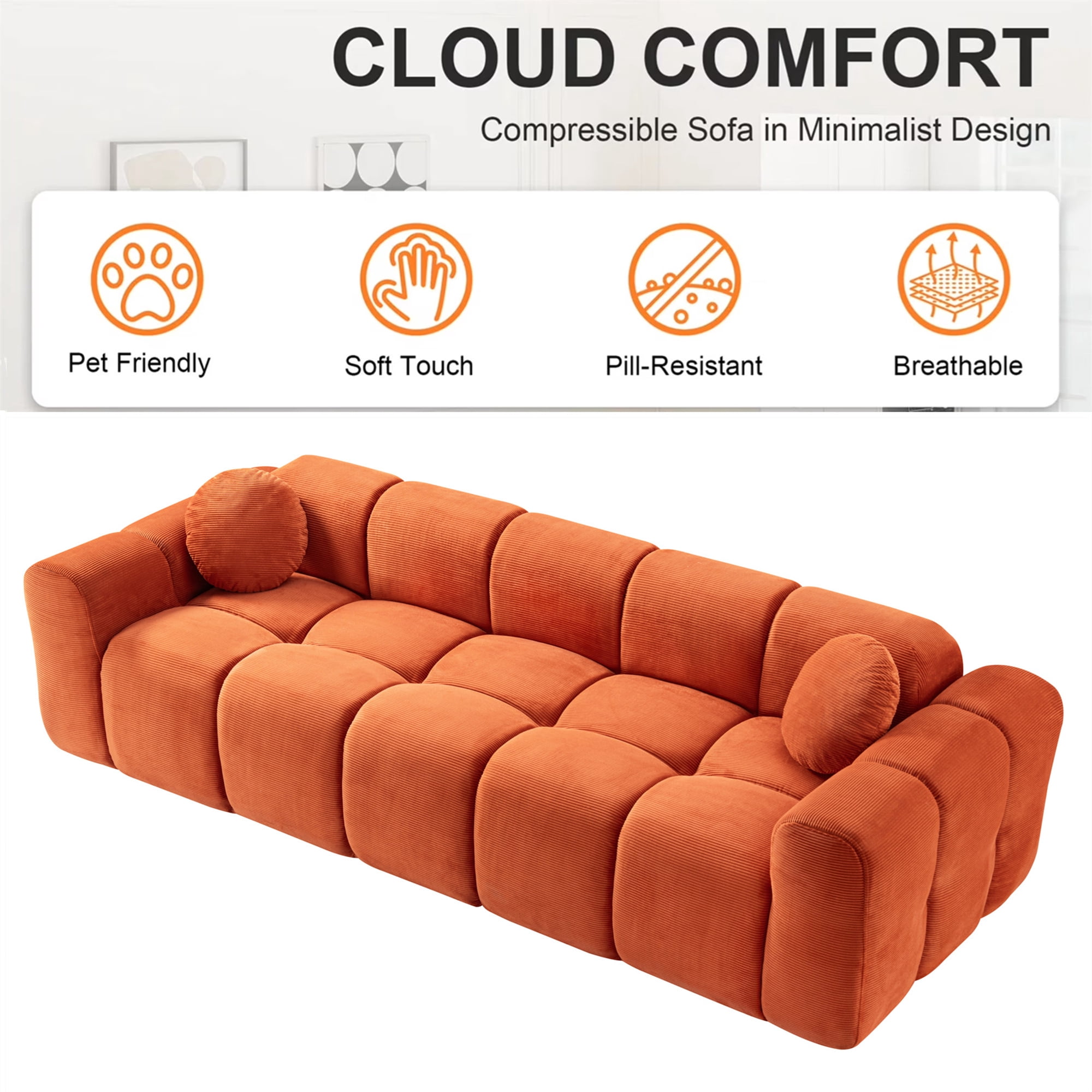Aukfa 99" Oversized Cloud Sofa Boneless Couch 4-Seater Tufted Upholstered Sofa for Living Room, 2 Pillows, Corduroy, Orange