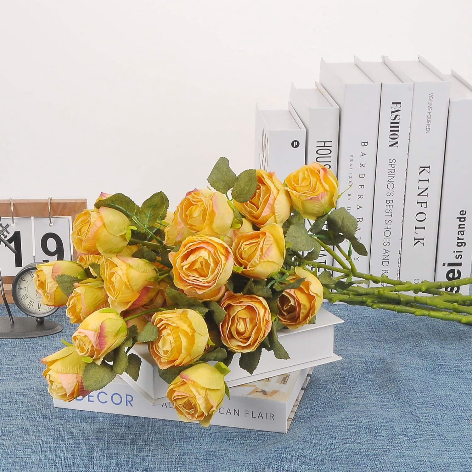 Dried Flower Artificial Rose 6pcs 24 Inch Long Stem Silk Rose with 5 Flowers for Wedding DIY Bridal Bouquet Home Decor Centerpiece Arrangement(White)