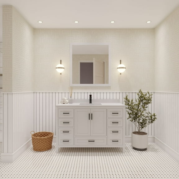 Ayna Decors Rooh 48 in White Bathroom Vanity Set with White Quartz Countertop | Ceramic Sink | 2 Soft Closing Doors | 7 Full Extention Soft Close Drawer | Black Hardware