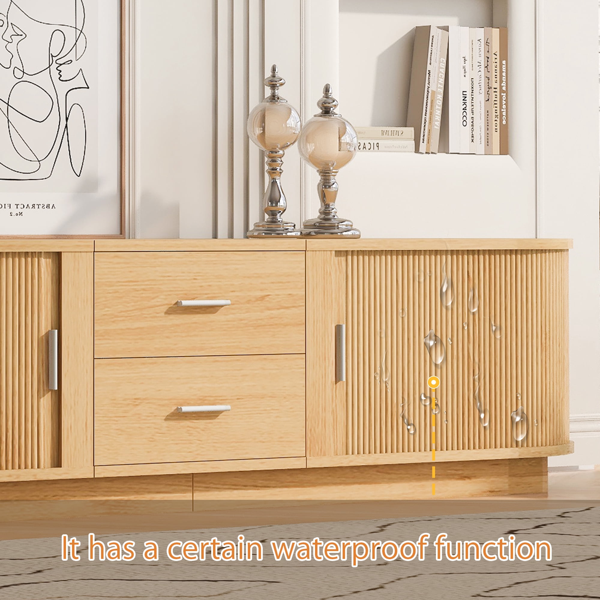 Homy Casa 70.8" TV Stand, Fluted Media Console with Drawers and Cabinets, Natural