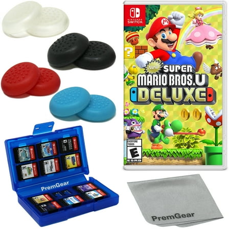 New Super Mario Bros. U Deluxe for Nintendo Switch (US Version), with PremGear Thumb Grips (8 pack – 2 Black, 2 Blue, 2 Red & 2 Clear), 24 Slot Game Card Holder & Cleaning Cloth