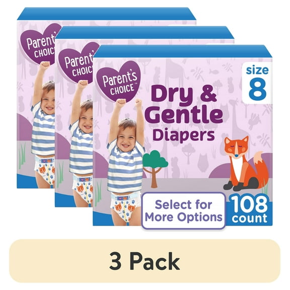 (3 pack) Parent's Choice Dry & Gentle Diapers Size 8, 108 Count (Select for More Options)