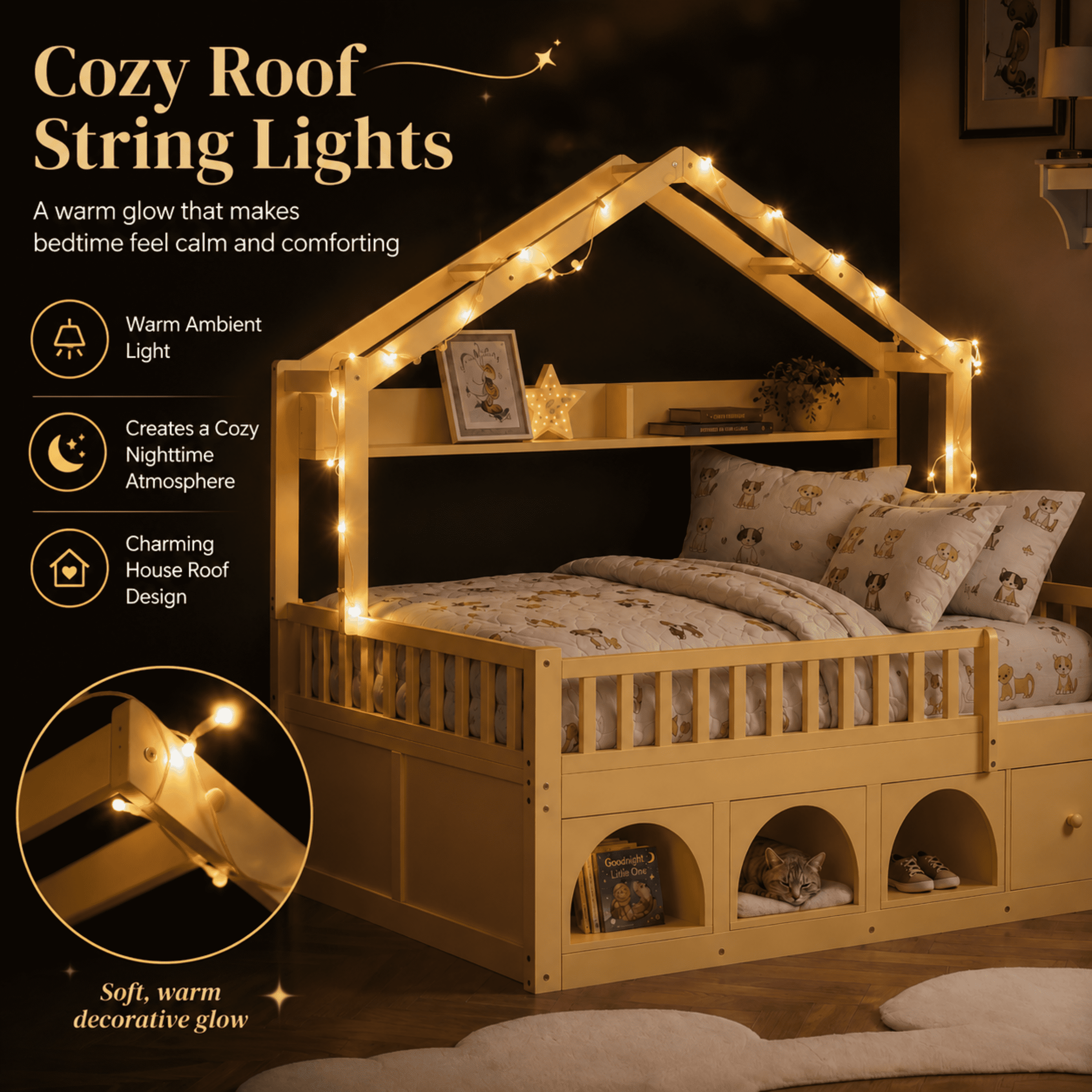 Euroco Wood Full Size Platform Bed with Drawers and Cabinets, House Bed with LED Light and Bookshelf, Natural