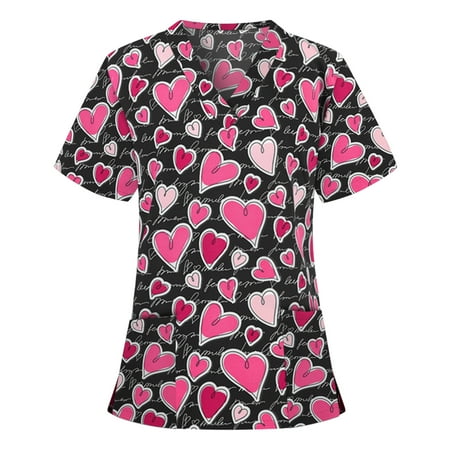 

Frostluinai Valentine Pattern Scrub Tops Women Short Sleeve Nurse Scrubs Working Uniform Pattern Nursing T-Shirt with Pockets