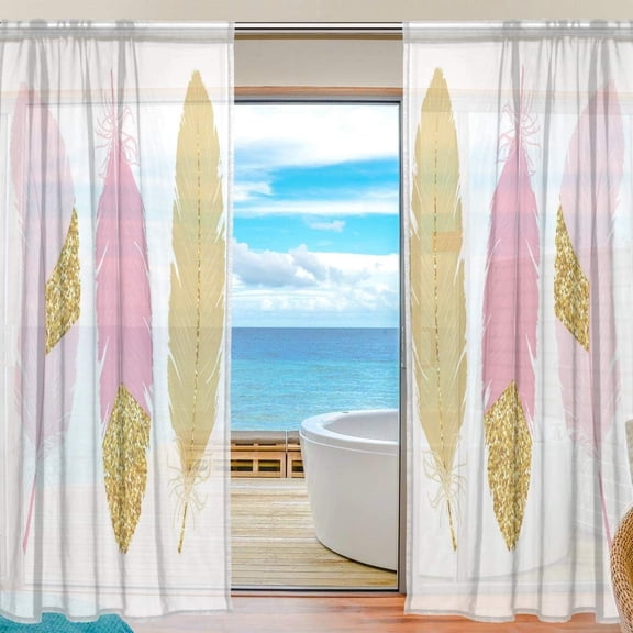 FREEAMG Pink and Gold Feathers Sheer Curtains Window Voile Panels Drapes Tulle Curtains, Semi Sheer Curtains 84 Inches Long for Living Room Bedroom, Set of 2