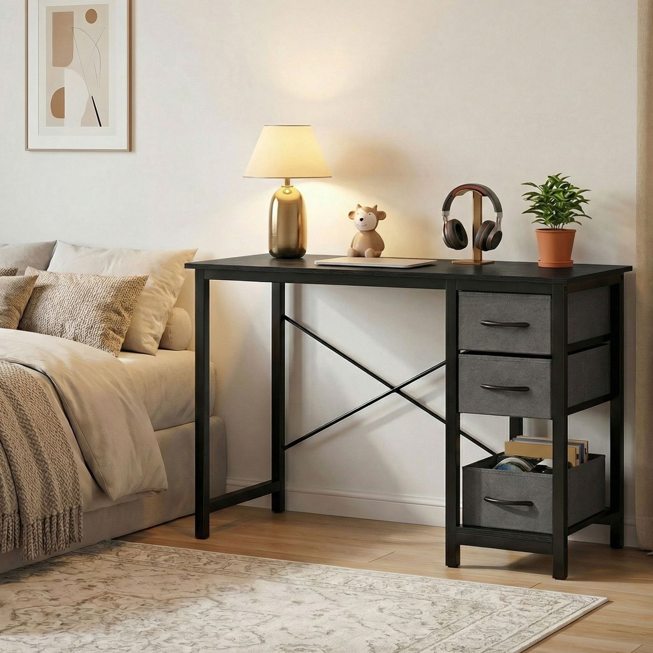 CONCETTA 40in Small Computer Desk with 2 Drawers, Writing Work Study Computer Desk, Side Headphone Hook, Modern Style for Home Bedroom, Black Wood