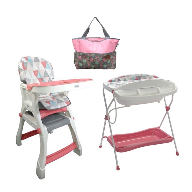 Combo Silla Alta y Bañera Prinsel Triangulos Coral+Pañalera de Regalo