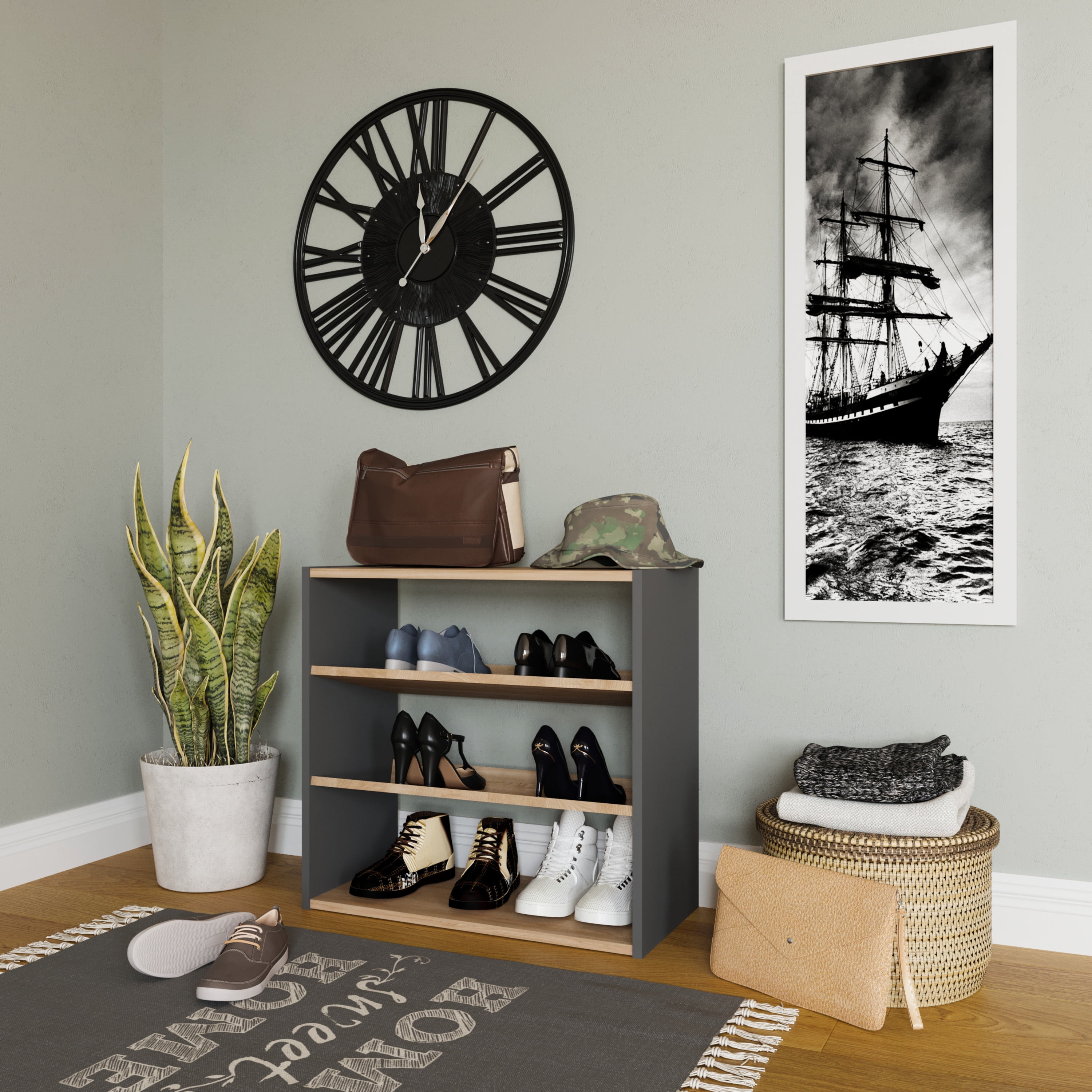 Ada Home Decor Furniture 3 Tier 9 Pair Anthracite Oak Marcey Modern Shoe Rack