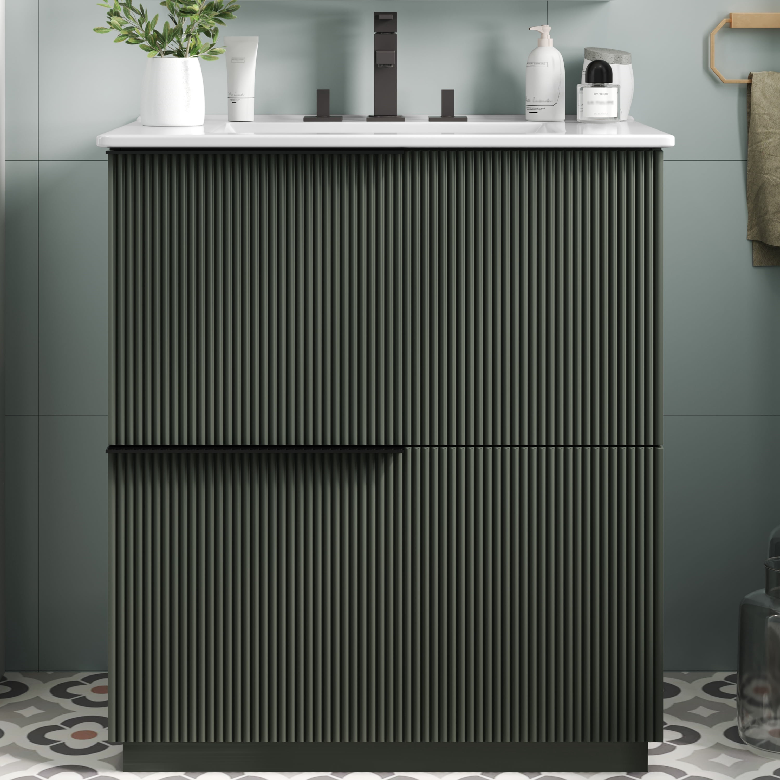 Euroco 30" Bathroom Vanity with Ceramic Sink and Full-Extension Drawers, Soft Close Undermount Drawer Slides, Fluted Design, Green