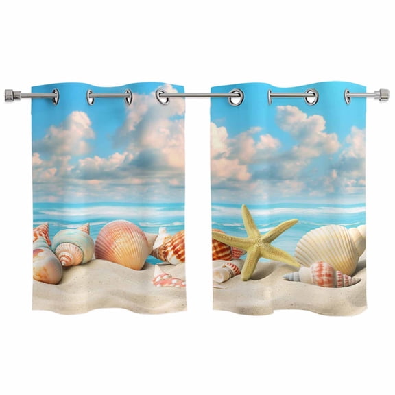 Nautical Coastal Kitchen Curtains Small Short 39 Inch Length, Summer Beach Shell Conch Starfish Blue Grommet Bedroom Living Room Curtains, Light Filtering Cafe Curtain Drapes 2 Panels Set 55''x39''