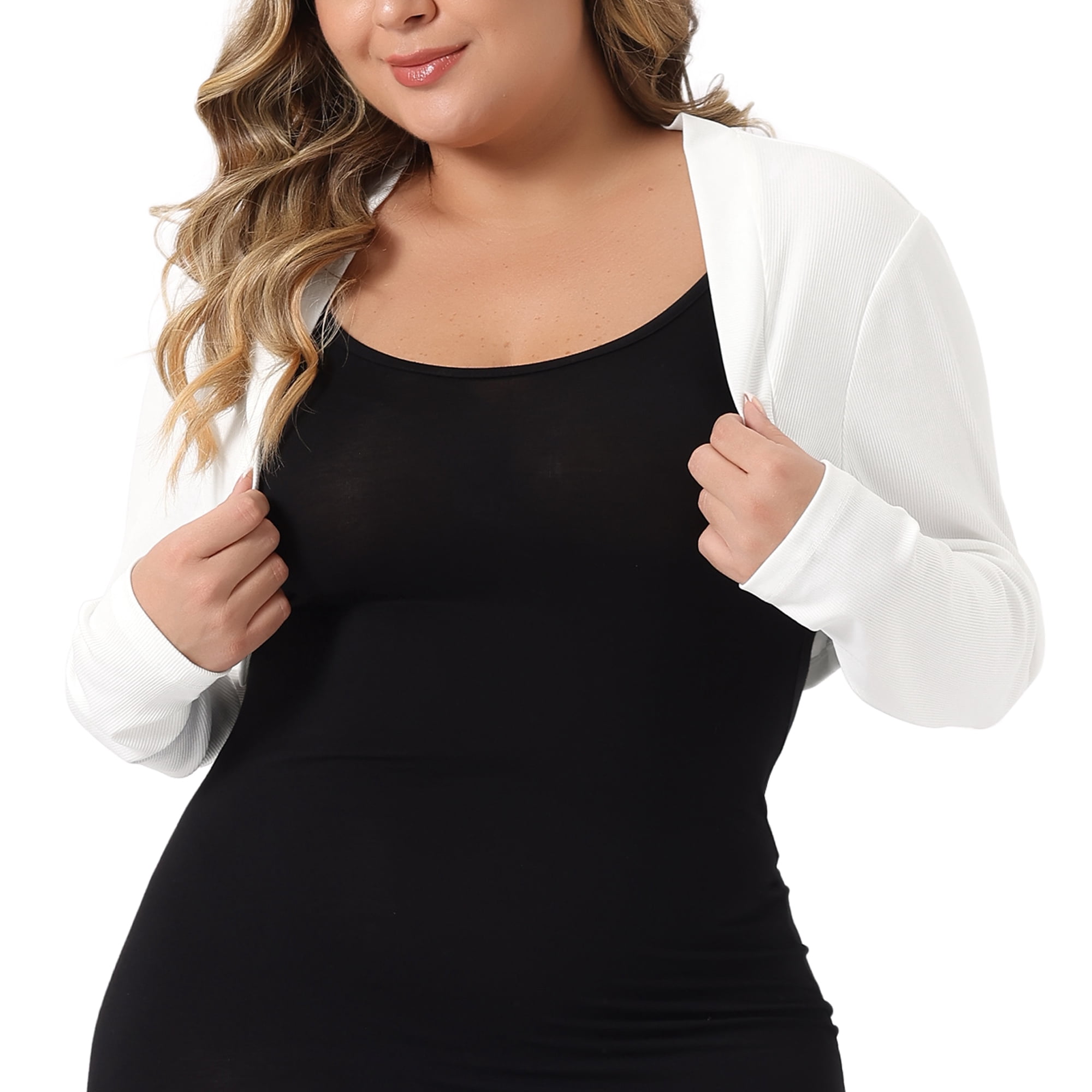 DARING DIVA Plus Size Long Sleeve Open Front Cropped Cardigans Shrugs 4X White