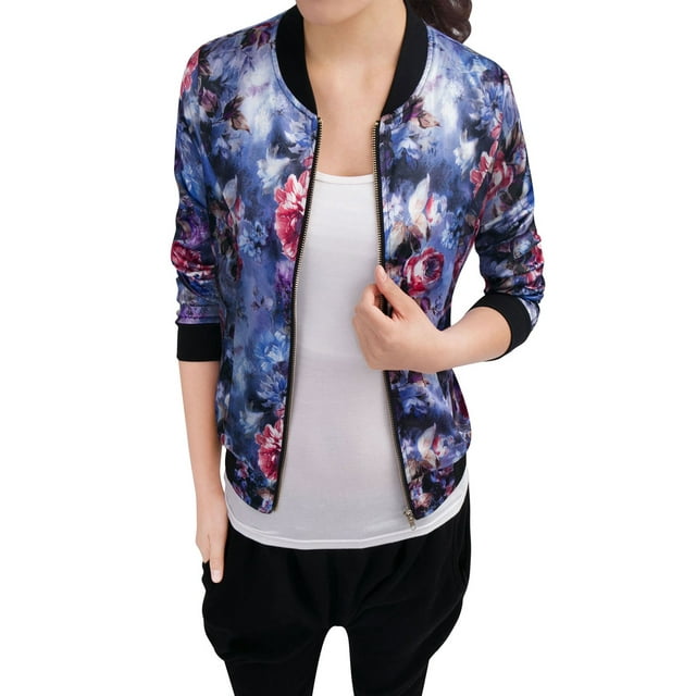 INSPIRE CHIC Women's Bomber Jacket Slim Fit Lightweight Zip Up Jacket XL Blue