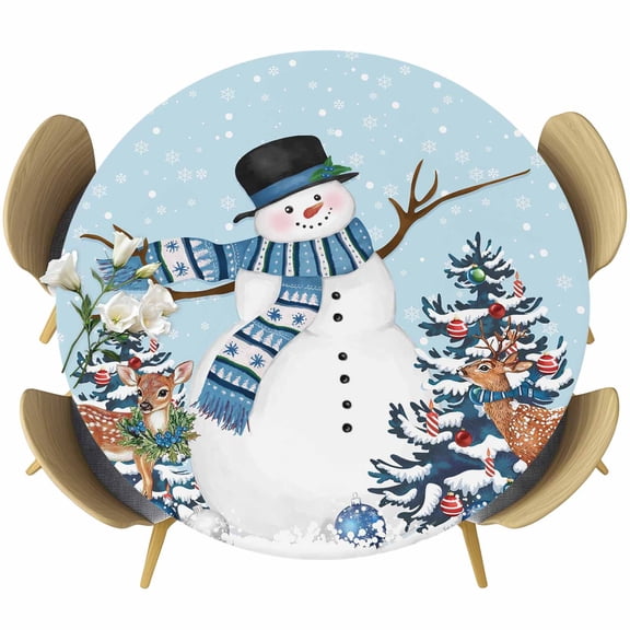 Light Blue Snowman Christmas Table Cloth, Round Fitted Tablecloths with Elastic Edge, Xmas Tree Ball Snowflake Elk Wipeable Waterproof Table Cover for Kitchen Wedding 45-54 Inches