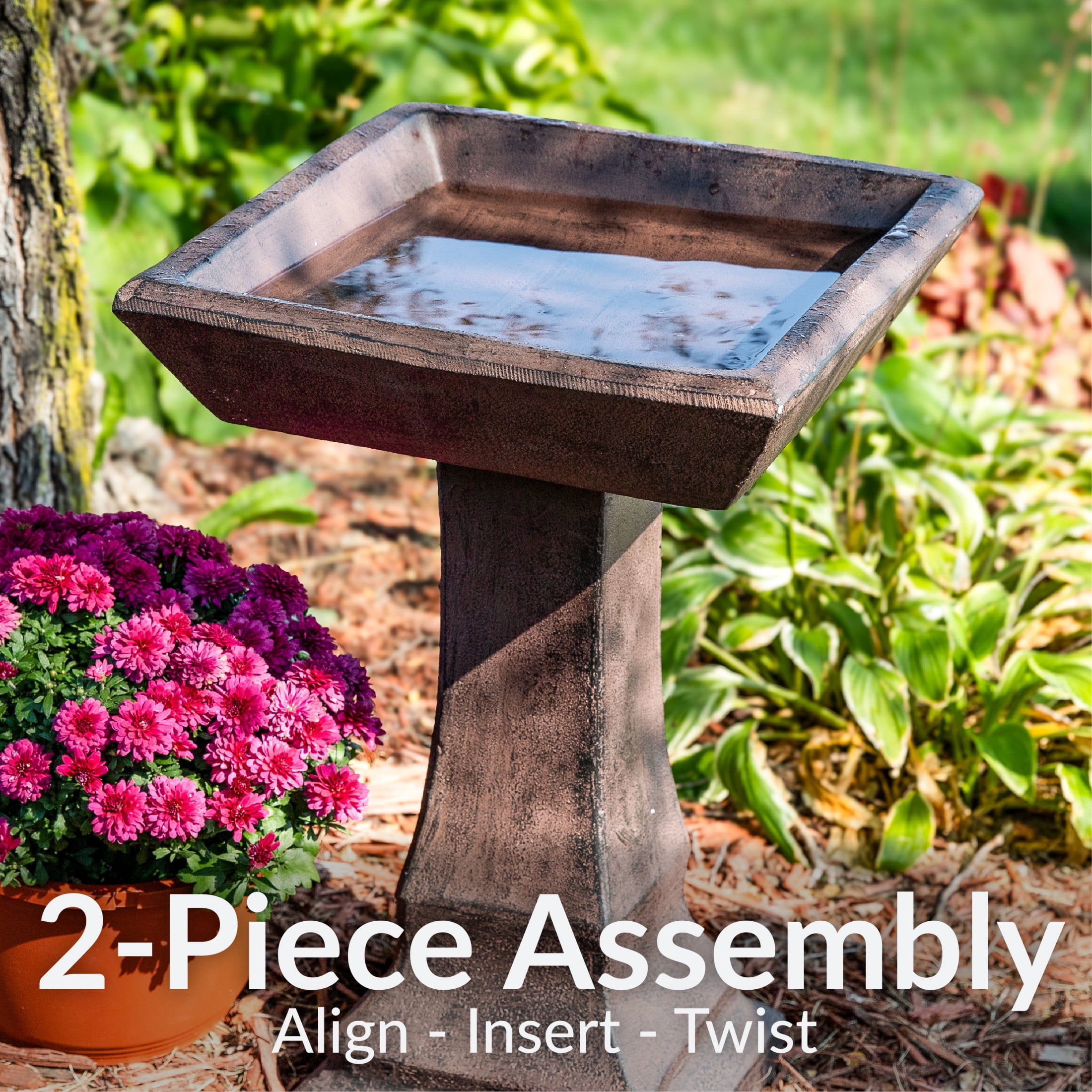 Sunnydaze Simply Square Freestanding Glass Fiber Reinforced Concrete Outdoor Bird Bath, Brown