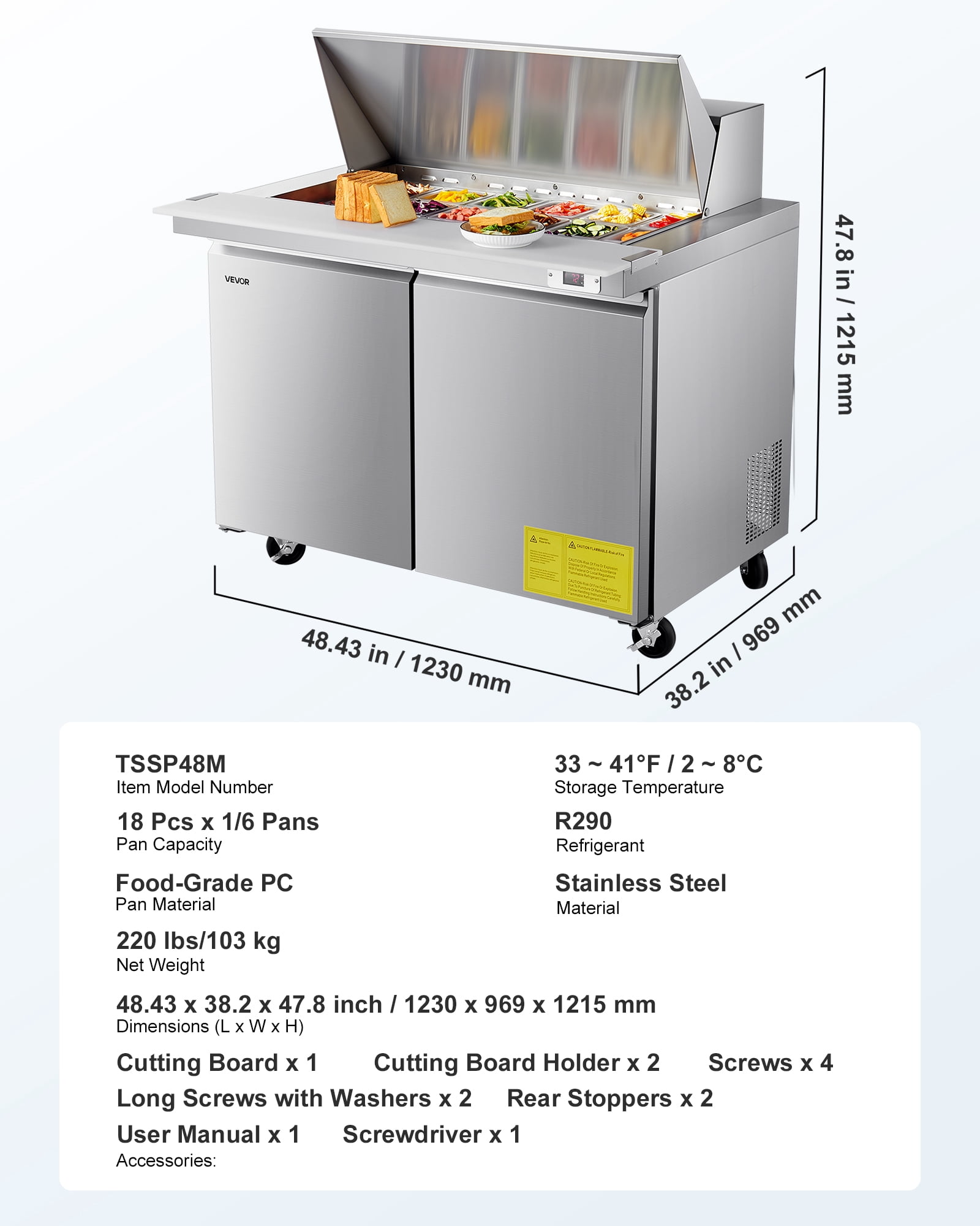 VEVOR 48"W Commercial Refrigerator, 12.5 Cu. Ft Sandwich Prep Refrigerated Table,Mega Top Food Prep Fridge with 18 Pans and Cutting Board,Stainless Steel Salad Prep Cooler for Restaurant,Food Truck