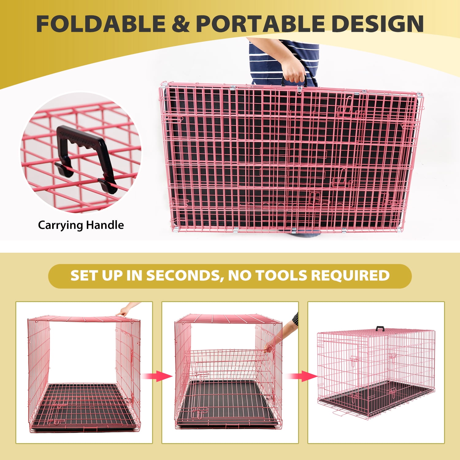 NiamVelo 48 inch Large Dog Crate Dog Cage Dog Kennel, Folding Metal Wire Pet Crate with Handle and Plastic Tray, Indoor&Outdoor, Pink XXL