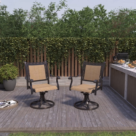 Mondawe 2 Piece High Quality Bronze Swivel Cast Aluminum Outdoor Patio Padded Sling Chairs, 119lbs Outdoor Dining Chair with Armrests