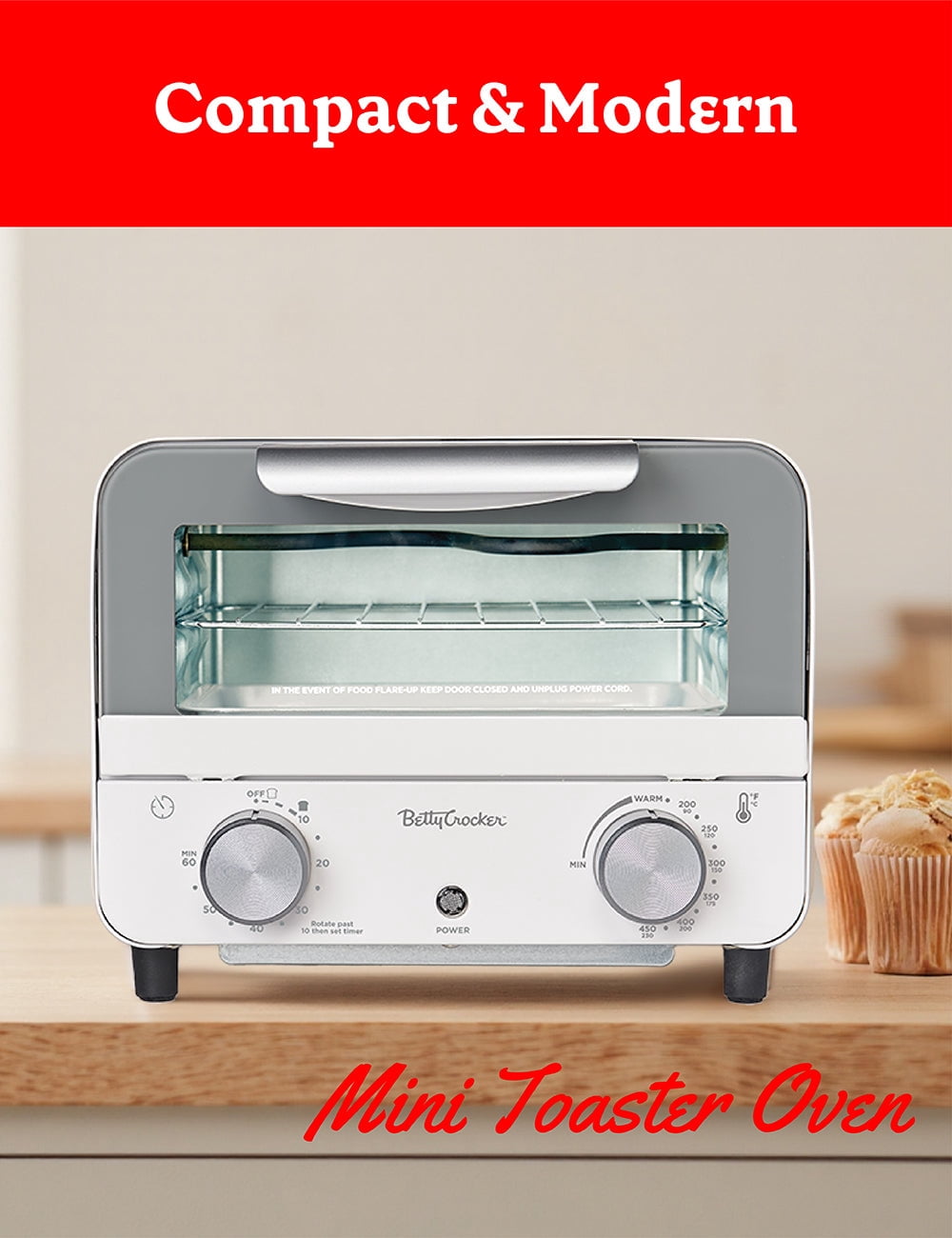 Betty Crocker Mini Toaster Oven, Compact Countertop Oven for Dorms, RVs, Apartments, 7-Liter Capacity, 750W, Adjustable Timer, Includes Baking Tray & Rack, BC-5629W, White/Gray