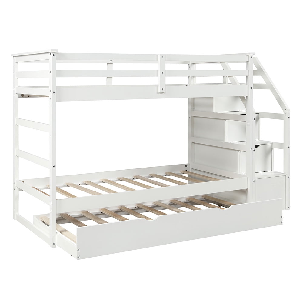 Kepooman Twin-Over-Twin Modern Wooden Bunk Bed with Twin Trundle & 3 Storage Stairs, 94.4"L x 42.4"W x 61.4"H, White Kepooman Twin-Over-Twin Modern Wooden Bunk Bed with Twin Trundle & 3 Storage Stairs, 94.4"L x 42.4"W x 61.4"H, White