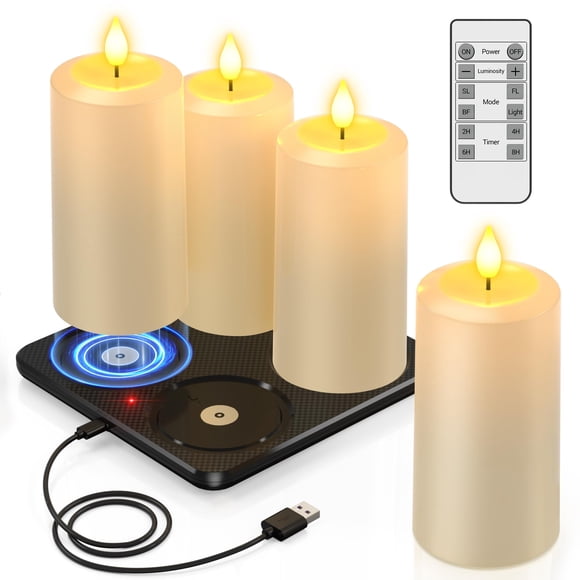 PChero 4PCS Flameless Pillar Candles with Remote Timer & Magnetic Charging Base, Rechargeable Waterproof Battery Operated LED Can