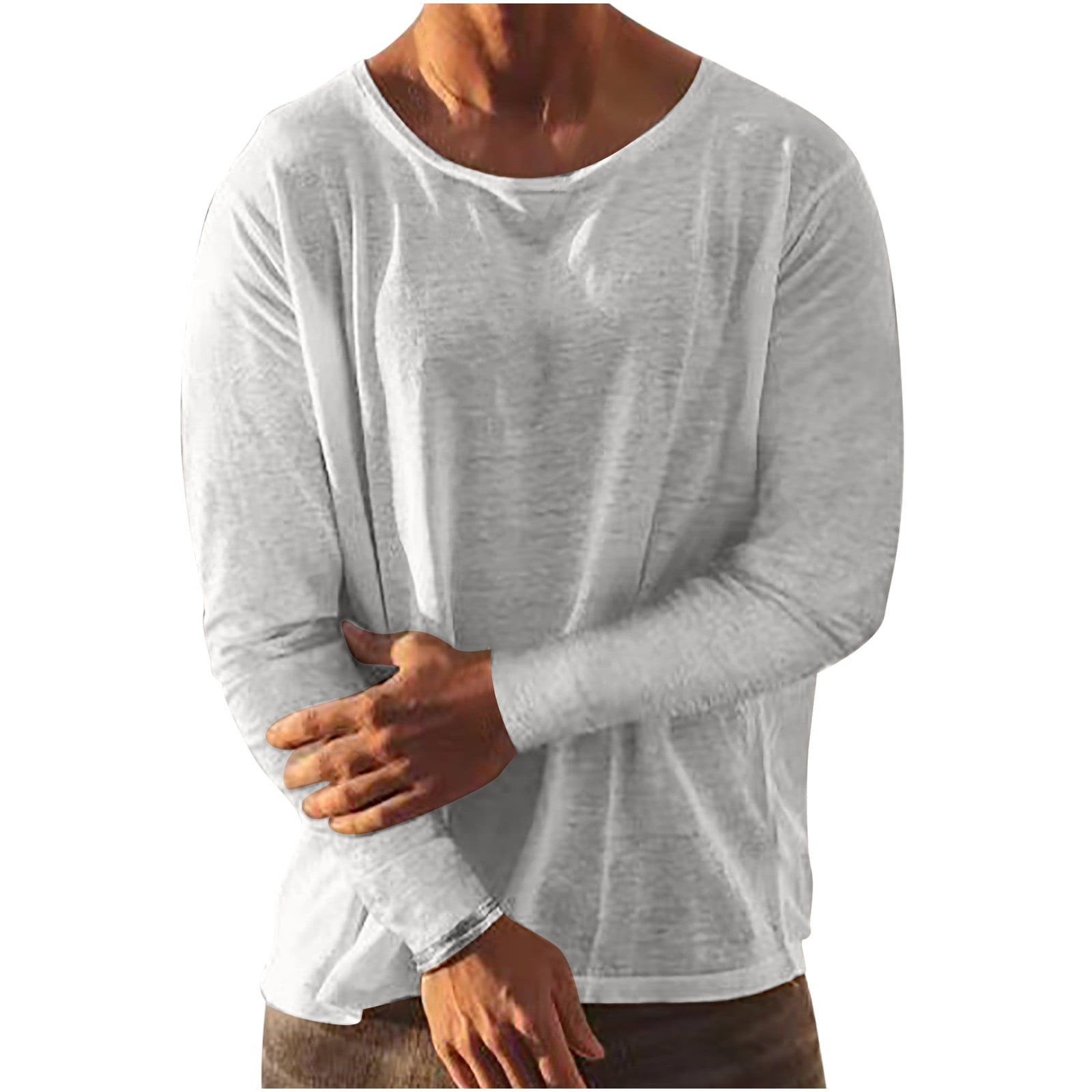 Meichang Men s Long Sleeve Pullover Cotton Linen Crewneck Workout Tshirts Lightweight Breathable T Shirt Classic Sport Tee Tops 2024 Summer Saving