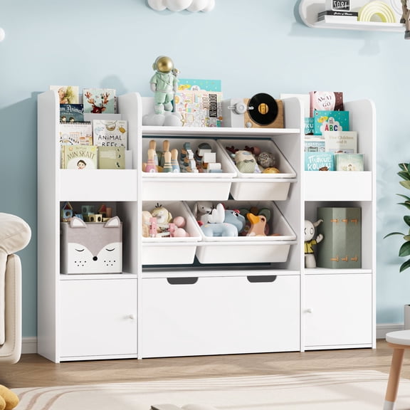 Hiphuta Kids Bookcase Toy Storage Organizer, Wooden Toy Organizer of 4 Bins& 1 Large Removable Drawers for Home Bedroom, Kids Bookshelf Toy Box with Book Rack, White