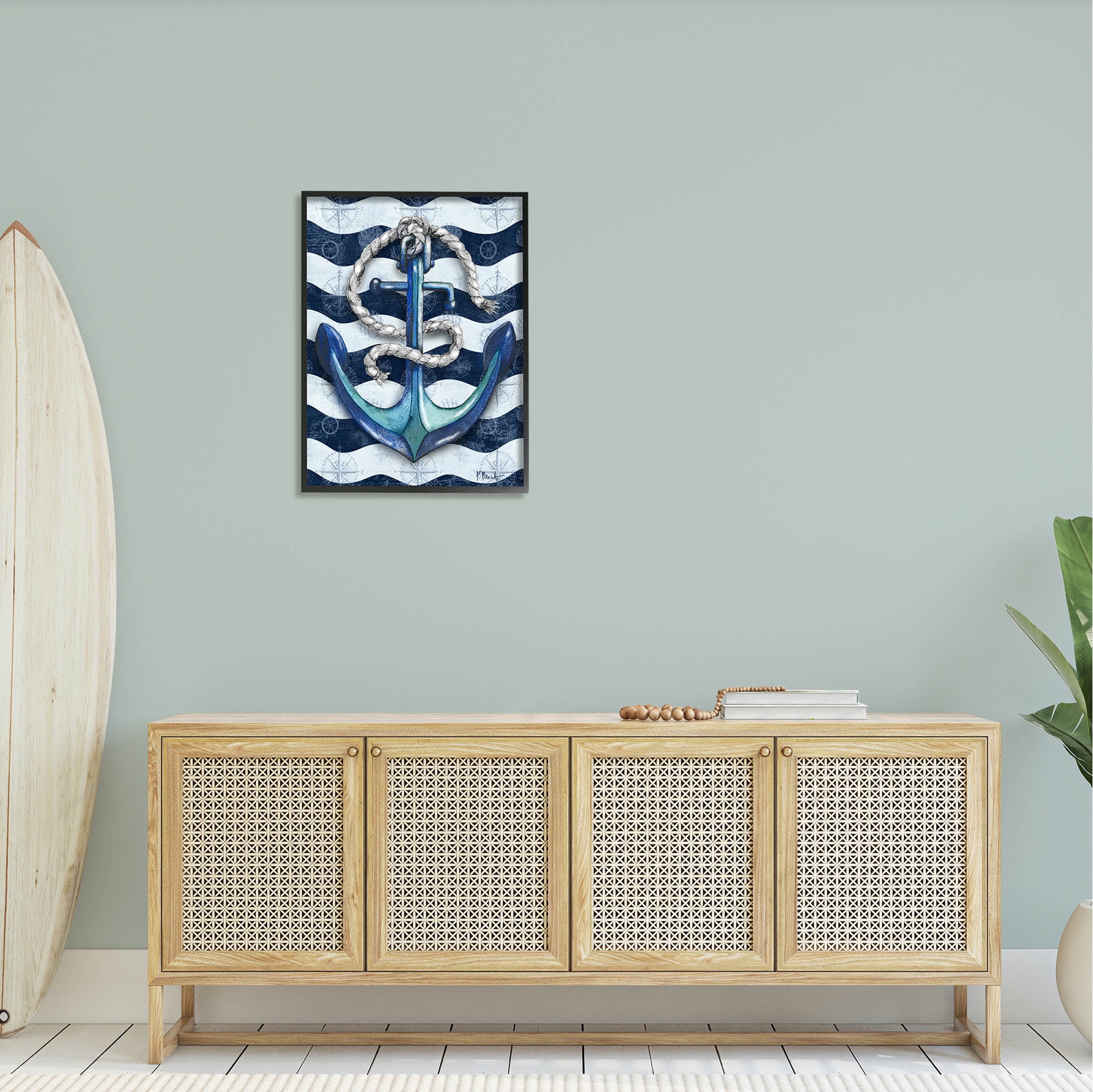 Stupell Industries Nautical Anchor Wavy Navy Stripes Graphic Art Black Framed Art Print Wall Art, Design by Paul Brent