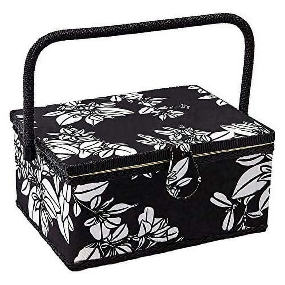 Sewing Basket with Floral Print Design - Sewing Kit Storage Box with Removable Tray, Built-in Pin Cushion and Interior Pocket - by Adolfo Design