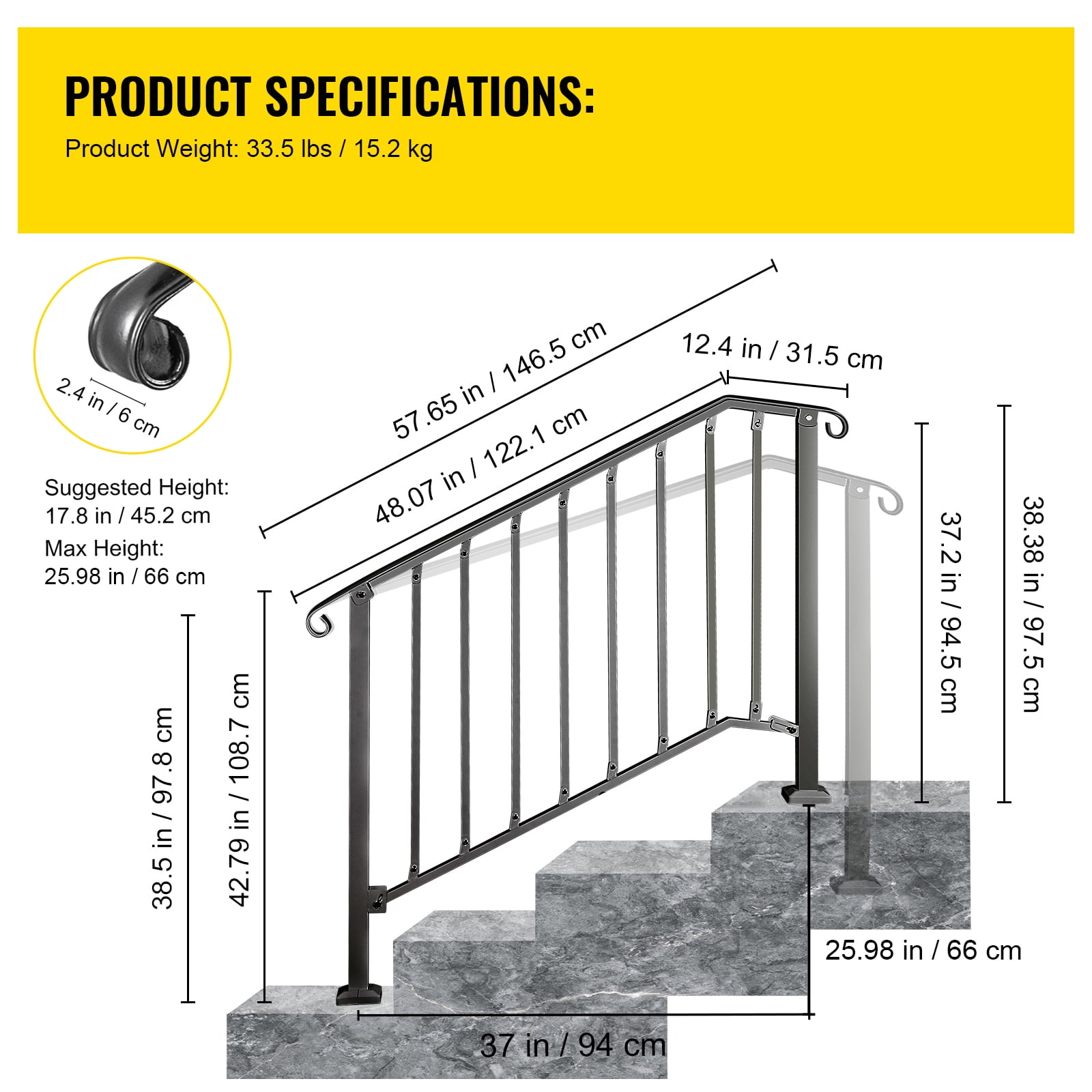 BENTISM Iron Handrail Picket Fits 3 or 4 Steps Stair Hand Rails for Outdoor Garden