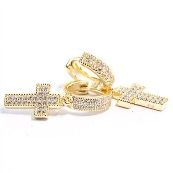 Men's 14K Yellow Gold Plated 925 Sterling Silver Cross Dangle Hoop Earrings with Cubic Zirconia – Stylish & Hypoallergenic