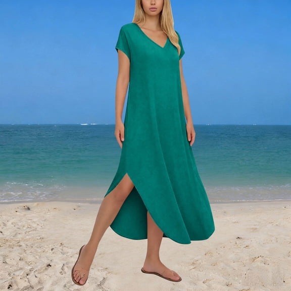 Womens Maxi Dress Summer Casual Loose Comfy Side Split Short Sleeve V Neck Long Dresses with Pockets