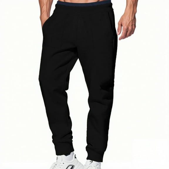 Sweat Pants for Men Casual Workout Athletic Track Pants Solid Color Elastic Waist Jogger Trousers with Pockets, Black, L