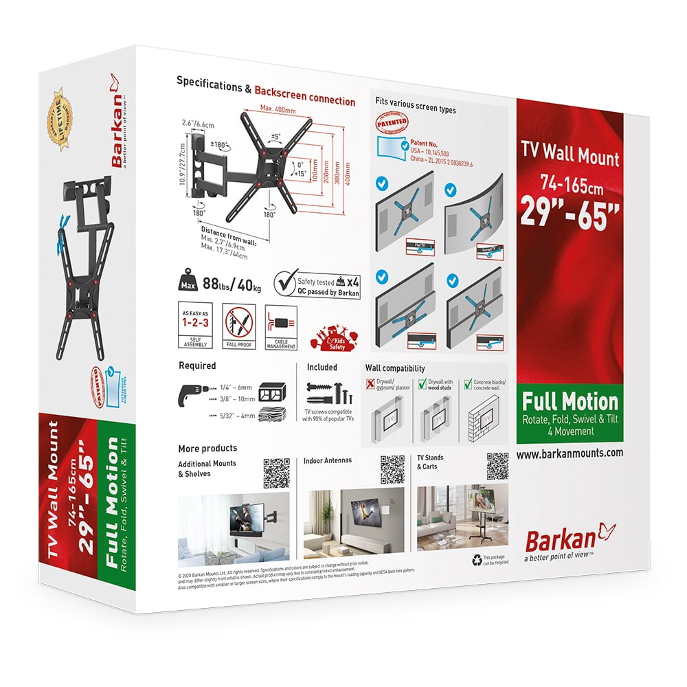 Barkan TV Wall Mount, 29-65 inch Full Motion Patented Flat / Curved Screen Bracket, Holds up to 88lbs., Patented, UL Listed, Fits LED OLED LCD