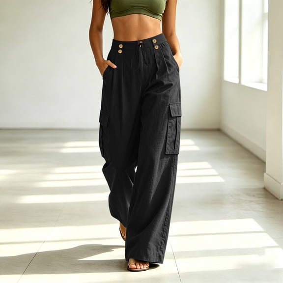SOOMLON Cargo Pants for Women Plus Size Wide Leg Trousers Button Full Length Pants with Pockets Camping Travel Trousers