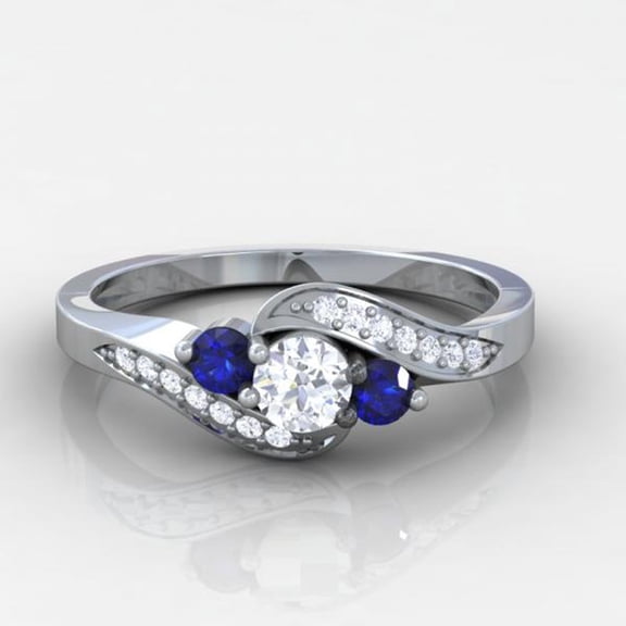 Dazzlingrock Collection 18K Round Blue Sapphire And White Diamond Swirl Engagement 3 Stone Bridal Ring, White Gold, Size 9