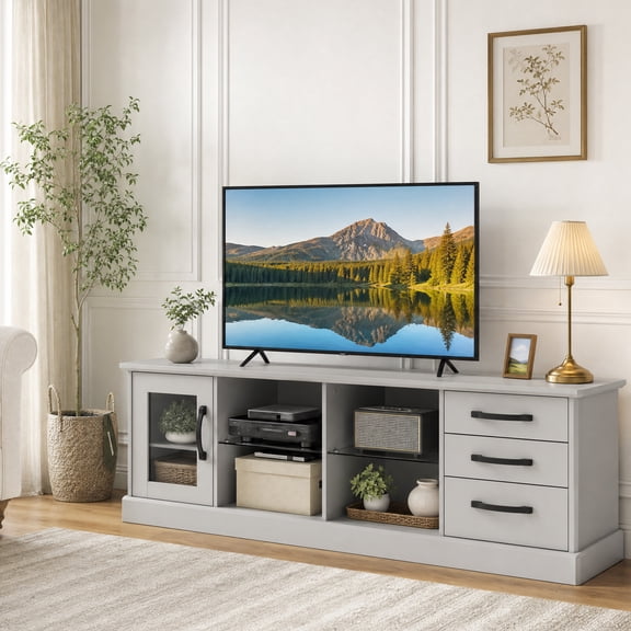 Modern TV Stand for 55-73 inch TV, Wood Entertainment Center with 3 Drawers and 2 Glass Shelves, Media Console Table,Gray